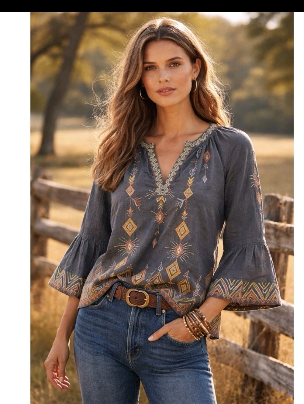 Johnny Was Cerise Linen Embroidered Boho Blouse Top